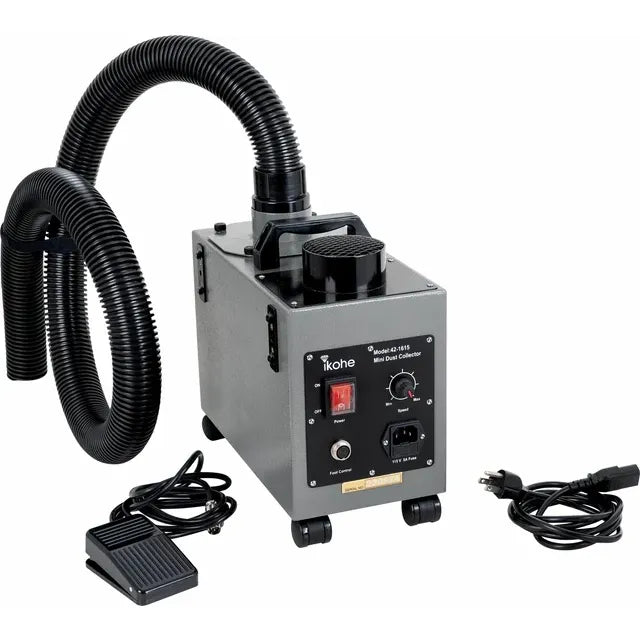 A portable dust collector with a gray body, black tubing, and control panel, equipped with wheels for mobility.