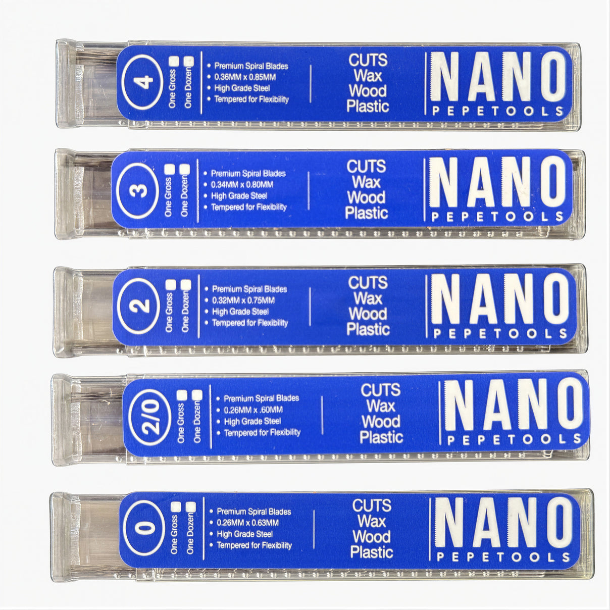 Spiral wax cutting blades in sizes 4, 3, 2, 2/0, and 0