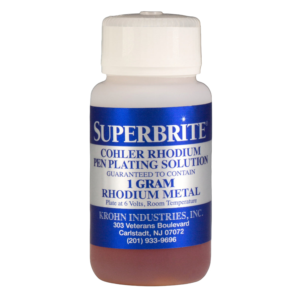 Bottle of Superbrite Coiler Rhodium Pen Plating Solution on a gray background

